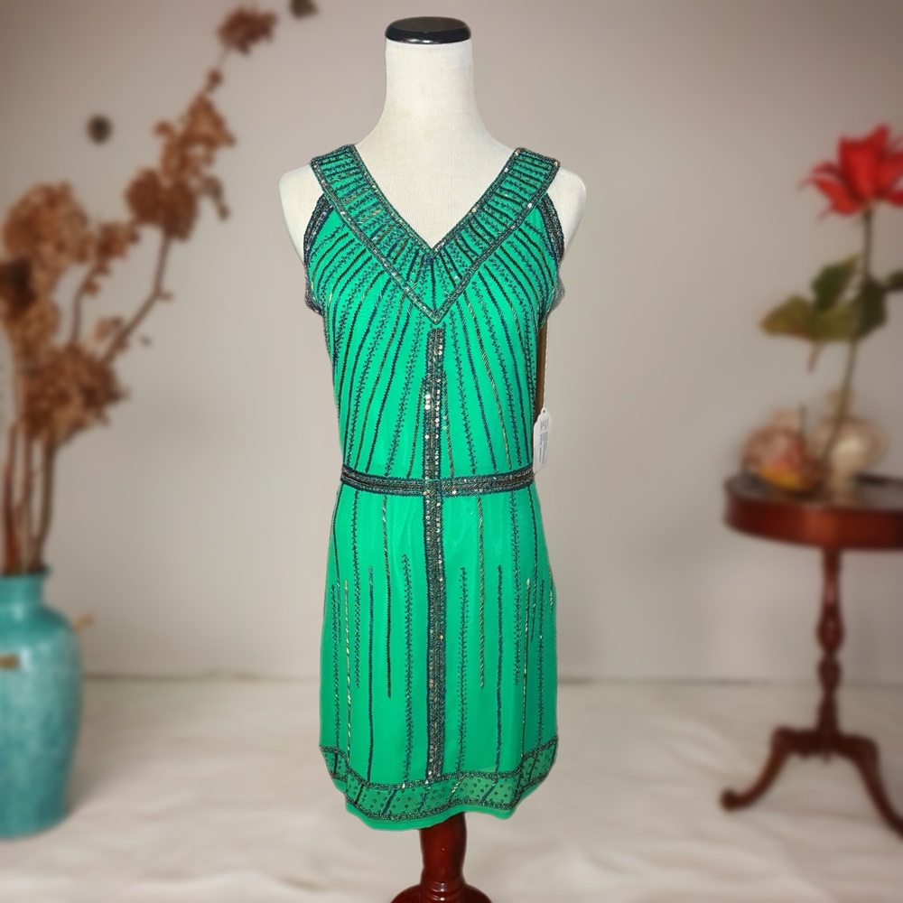 1920s Style Green Beaded Dress, Extra Small